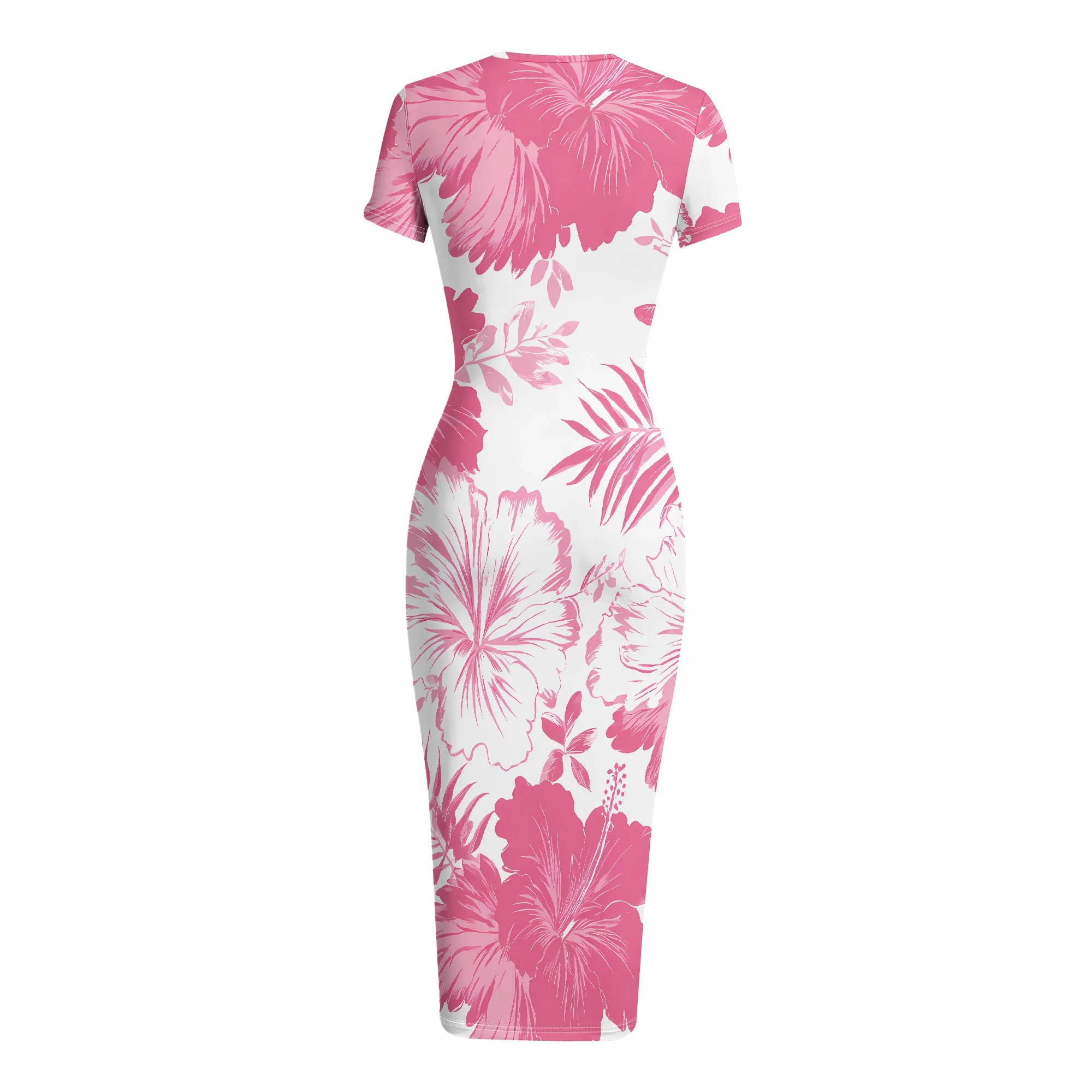 Floral Print Bodycon Dress, Pink Hibiscus Summer Midi Dress, Short Sleeve Fitted Party Wear, Beach Vacation Outfit, S-2XL