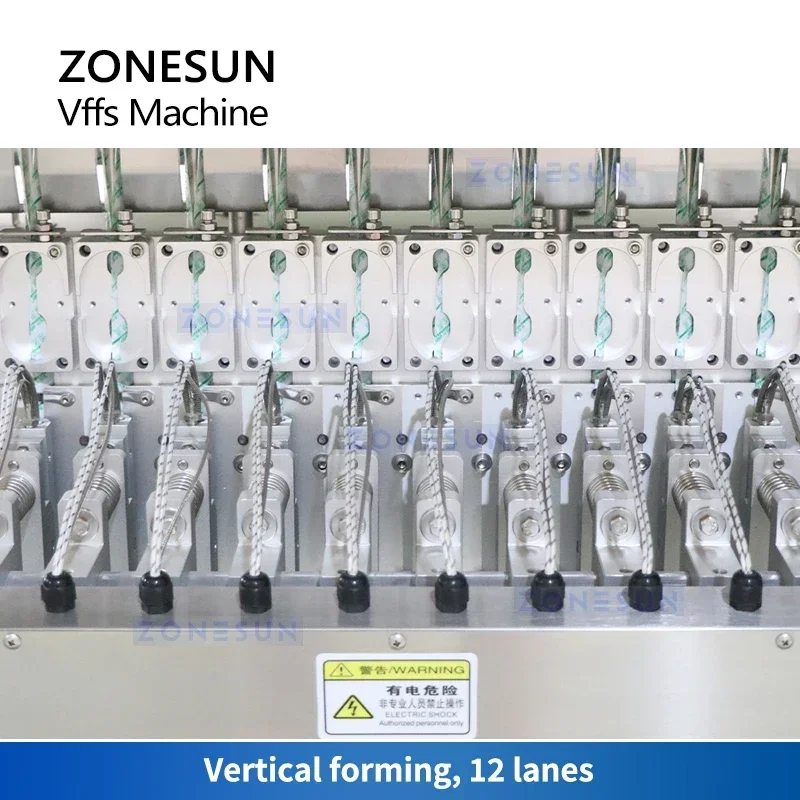 ZONESUN Mesin Pengemas Butiran VFFS Otomatis Peralatan Kantong Sachet Stik Bagger Segel Isi Bentuk Vertikal 12 Jalur ZS-FSL12