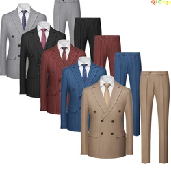 Khaki Pinstripe Men's Double-Breasted Suit, Wedding Party, Business Dress, Jacket and Pants, Blue, Red, Gray, Male Sets