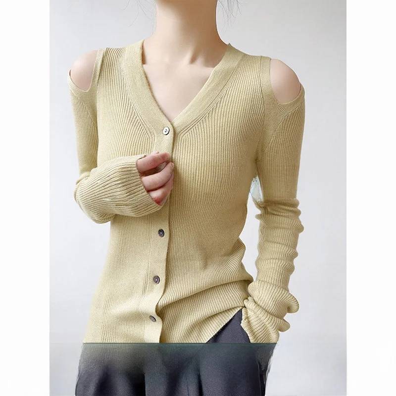 

Achu Boring Hollow out V-Ne Knitwear Women's oulder Bared Open Cardigan Slim Fit Base irt Inner Wear Top Commute Sle
