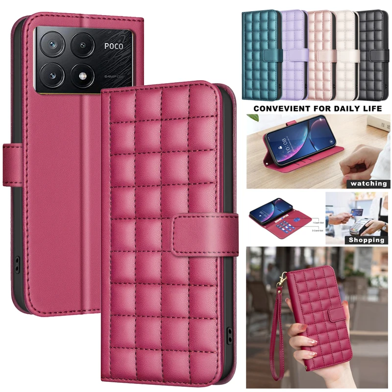 3D Checkered Pattern Wallet Bag Leather Case For Xiaomi Poco X6 F6 M6 Pro 5G C61 PocoM6 M6Pro Phone Cases Magnetic Flip Cover