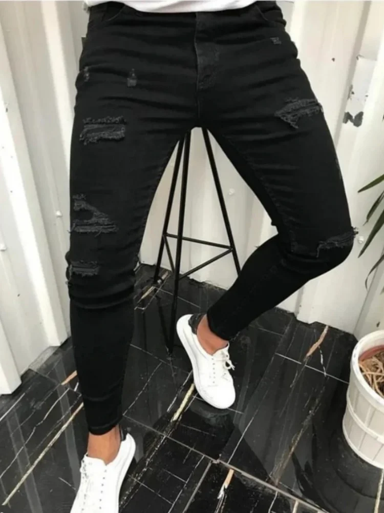 Skinny Fashion Men's Ripped Jeans Slim Breathable Soft Washed Streetwear Trousers Male Spring Autumn Elastic Hole Denim Pants