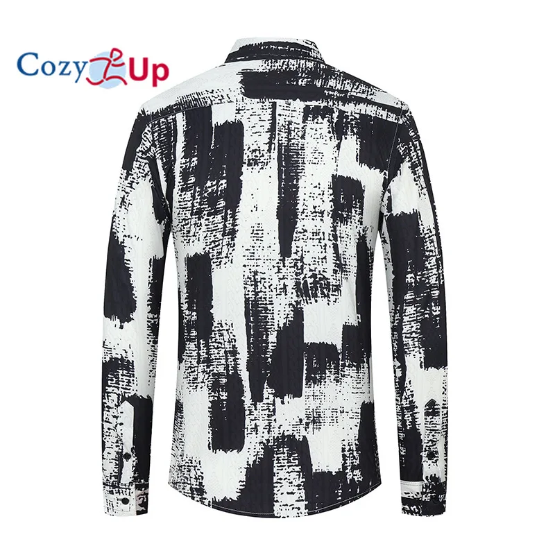 Men's lapel non ironing long sleeved shirt with digital printing black and white striped contrasting casual slim fit shirt