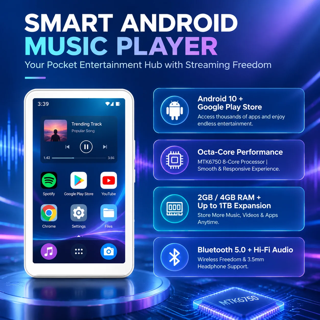 Famue MP3-Player Android 13 mit Bluetooth und WLAN, MP3-MP4-Player mit Spotify, Audible, Pandora, Standalone-/Netzwerkversion – Detail 3