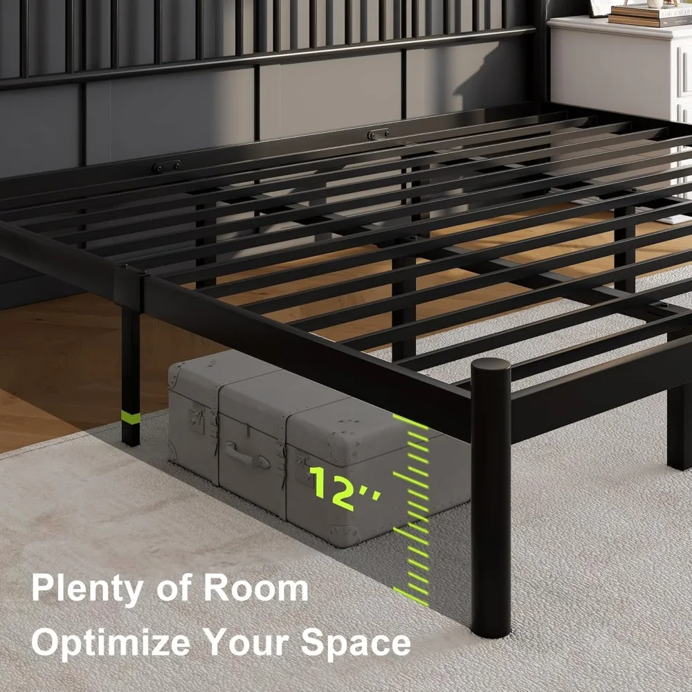 إطار سرير Feonase بحجم كينج مع لوح رأسي، إطار سرير معدني أسود شديد التحمل مع 13 شريحة فولاذية صلبة، و12 مساحة تخزين تحت السرير