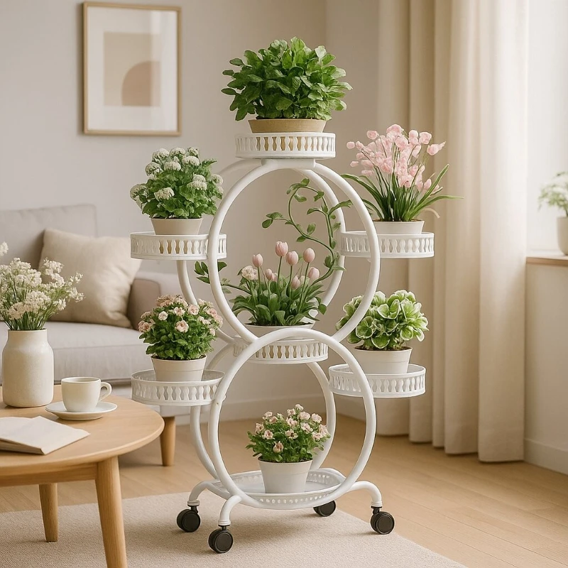 

Floor Standing Mobile Plant Rack with Wheels Epipremnum Pot Stand Iron Multi-Layer Balcony Flower Shelf Storage Organizer