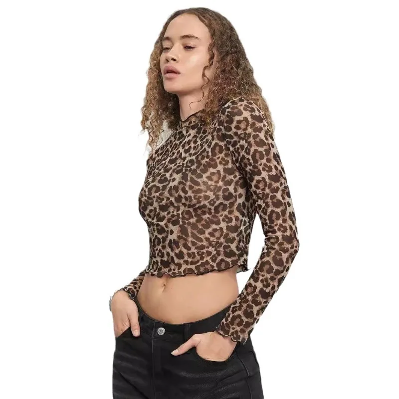 European and American 2025 New Elegant Women's Mesh Leopard Print Stand Up Collar Long Sleeved Short T-shirt Top for Women