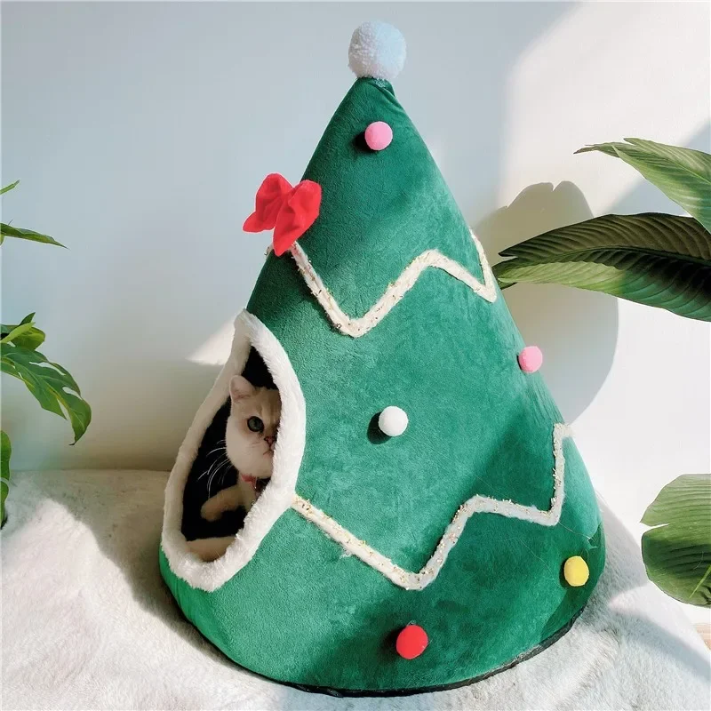 Christmas cat nest  winter warm pet litter teddy kennel bow  cat bed security nest mat