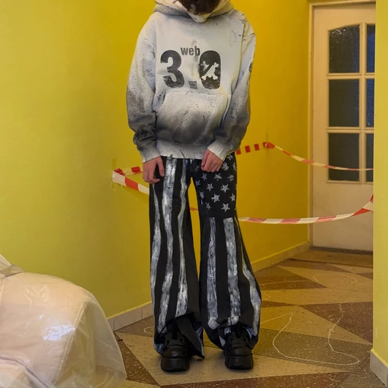 

Американские джинсы в стиле ретро, с принтом, свободного прямого кроя, модные брюки, новинка 2026 года, унисекс