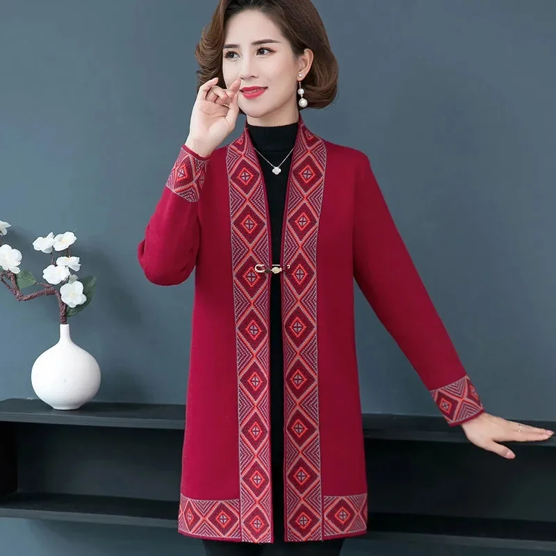 High Quality Cardigan Female Knitted Sweater Mother\'s Spring Autumn Coat Mid-Length Middle-Aged And Elderly Women\'s Sweater Shaw