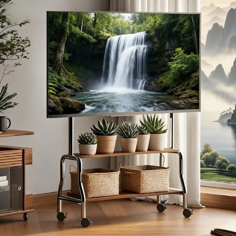 حامل تلفاز متنقل فاخر من الفولاذ الكربوني حامل تلفاز متحرك أنيق مع عجلات قابلة للقفل لتزيين غرفة المعيشة مقاس 32-75 بوصة #1