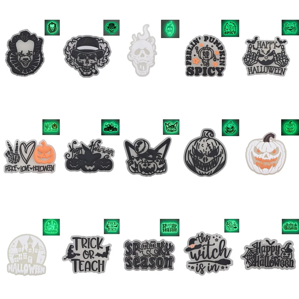 1pcs Glow In The Dark Horror Style Shoe Charms Black Pumokin Skull Witch Shoe Decoration Girls Boys Halloween Gifts