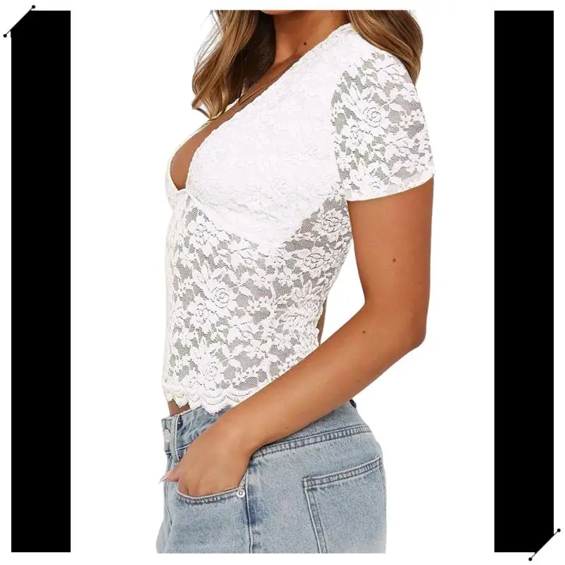 Women's Lace Short Sleeve Shirt Low Cut Y2K Slim Fit Top Going Out Club Concert Clothes