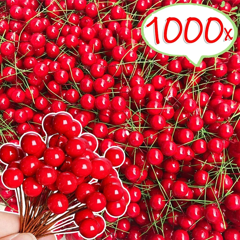 Artificial Holly Berries Mini Red Cherry Stamen Beads Fake Plants DIY Wreath Ornament Christmas New Year Party Home Decor Gifts