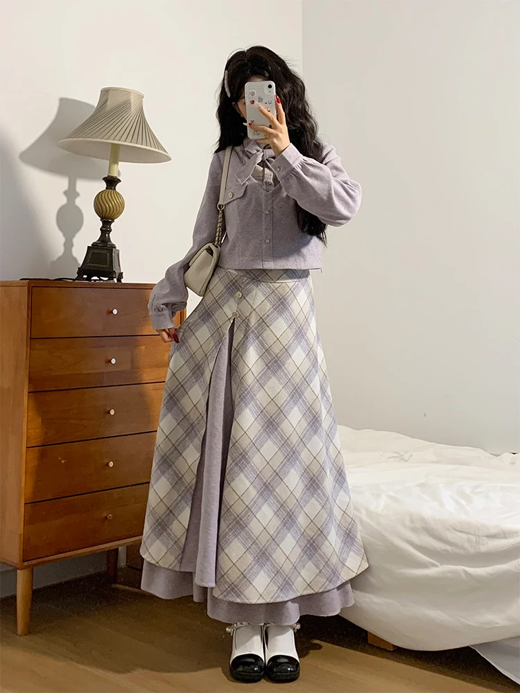 

Новый зимний академический шерстяной утягивающий красивый комплект в стиле ретро, юбка в стиле пэчворк, модный женский костюм в клетку
