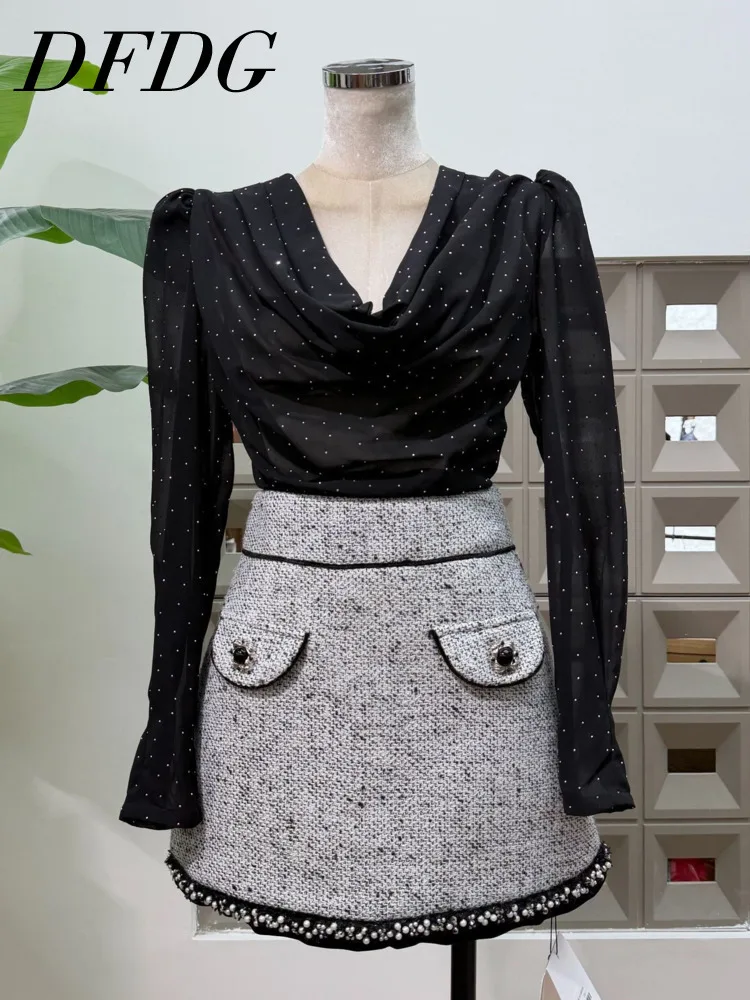 DFDG Women's 2025 Spring Summer Polka Dot Blouse Fashionable Cowl Neck Long Sleeve Ruched V-Neck Chiffon Mesh Shirt Waist Cinch