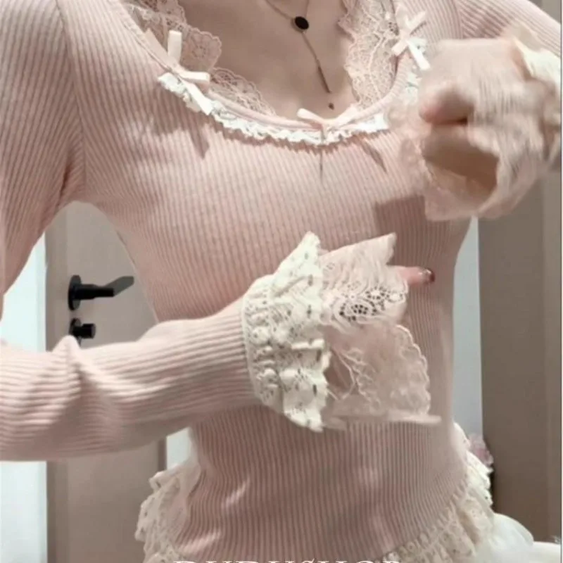 Sweet False Two Piece Long Sleeve Tops Women Kawaii  Pink Lace Patchwork Bow Ruffles Slim Tees Japanese 2026 Age Reducing Tops