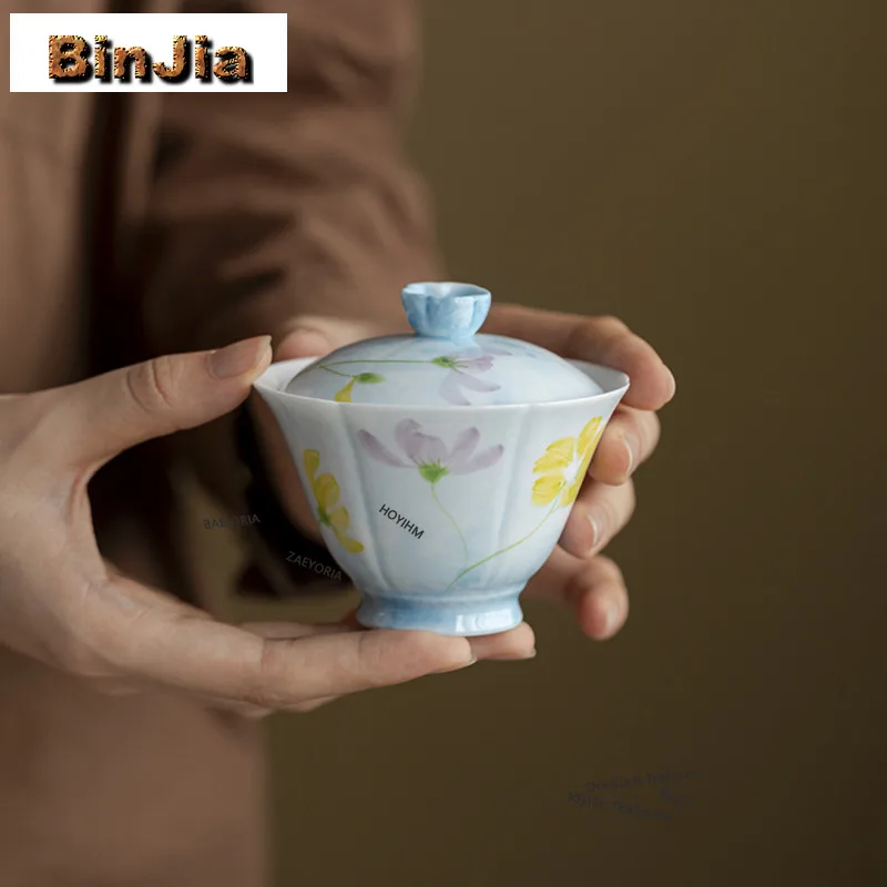 BAEJORIA 115ml White Porcelain Hand-painted Galsang Flower Gaiwan Elegant Tea Tureen Tea Bowl With Lid Kit Tea Maker Cover Bowl
