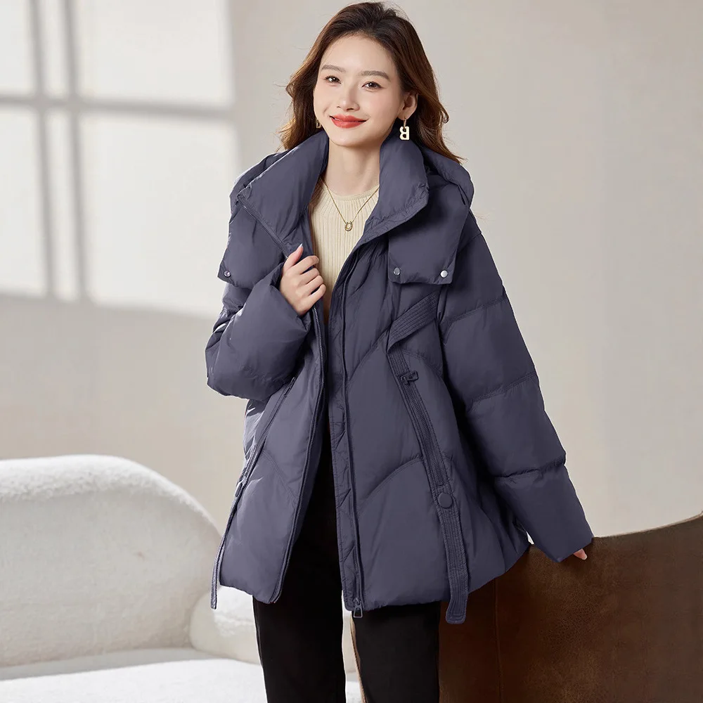 Nueva chaqueta de plumón europea de invierno para mujer, chaqueta holgada de plumas de ganso 90 con capucha para ir al trabajo