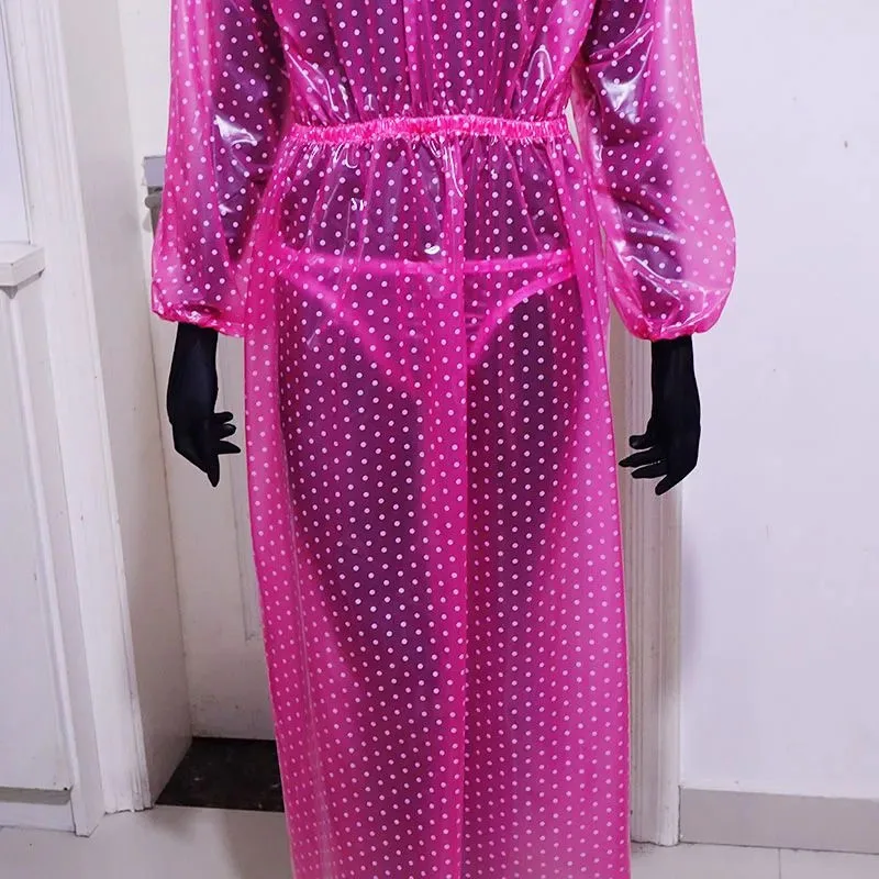 PVC Polka Dot Transparent Sexy Long Sleeved Lace Round Neck Dress Soft Smooth Silent ABDL Waterproof Loose Plastic Long Skirt