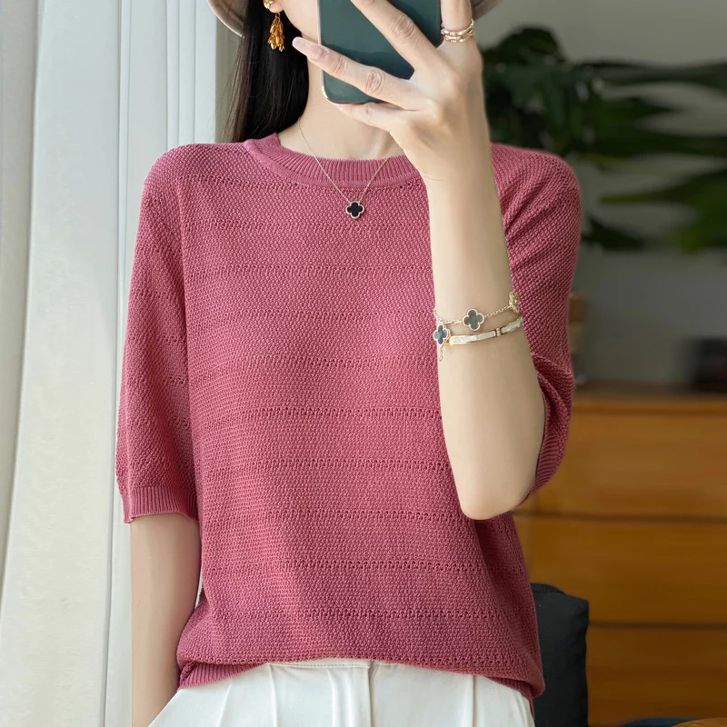 Summer New Lyocell Round Neck Solid Color Hollow Thin Knit T-shirt Solid Color Half Sleeve Loose Top