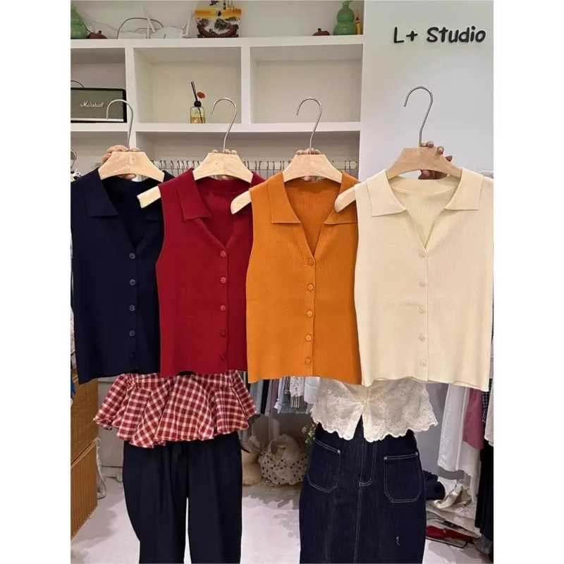 

Summer Chic Ice Silk Knitpolo Lapel Thin Slims You And Smooths Your Silhouette Tank Outer Wear Vest Women's Shoulder Vest No Sle