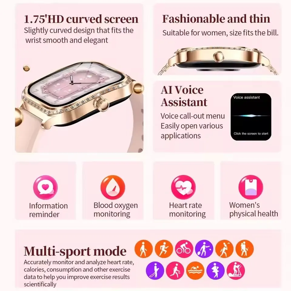 For Xiaomi Huawei New Women Smart Watch Heart Rate Blood Pressure Monitor Music Playback 100+ Sports Mode BT Calling SmartWatch