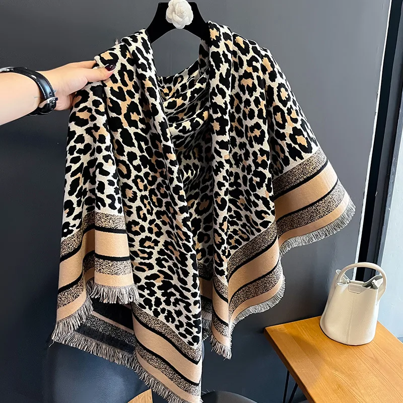 New Retro Leopard Print Fashion Scarf Imitation Cashmere Shawl Thickened Tassel Air-conditioning Blanket Cold Insulation Woman