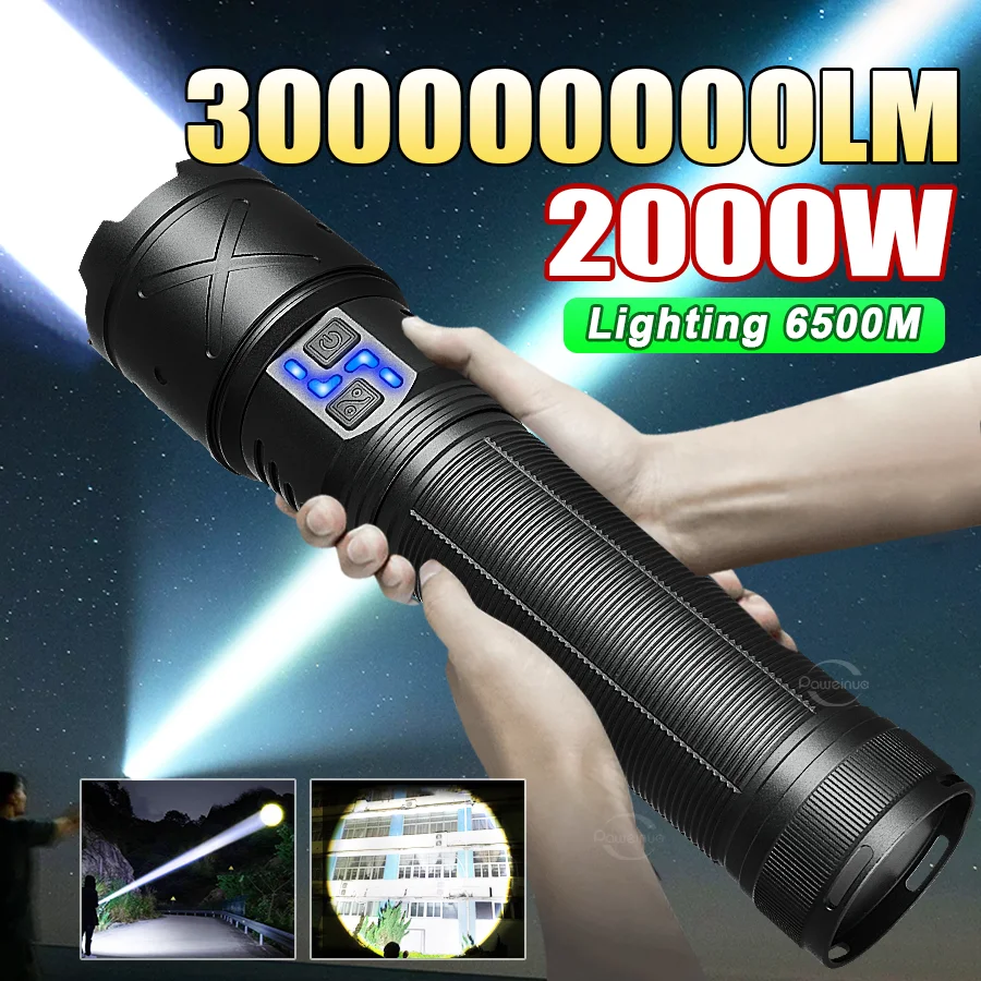 2025 NEW Most Powerful LED Flashlight 30000000LM Strong Light  Tactical Large Torch Rechargeable Light Long Range Camping Torch