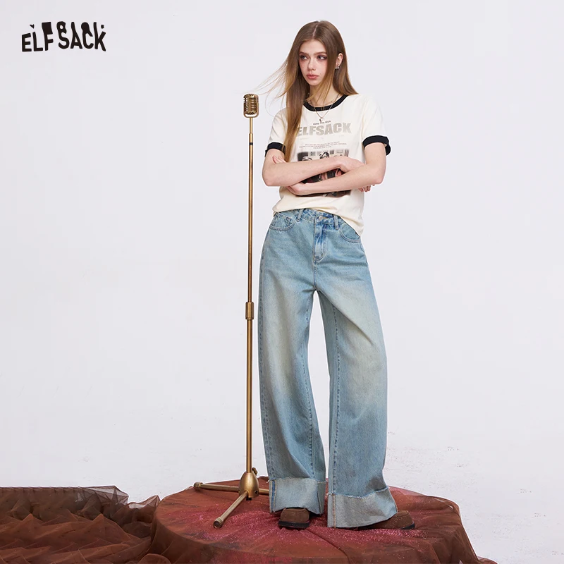 

Женские светло-голубые джинсы ELFSACK с широкими штанинами и широкими манжетами, свободные прямые джинсовые брюки для повседневной носки, стильные брюки с высокой талией