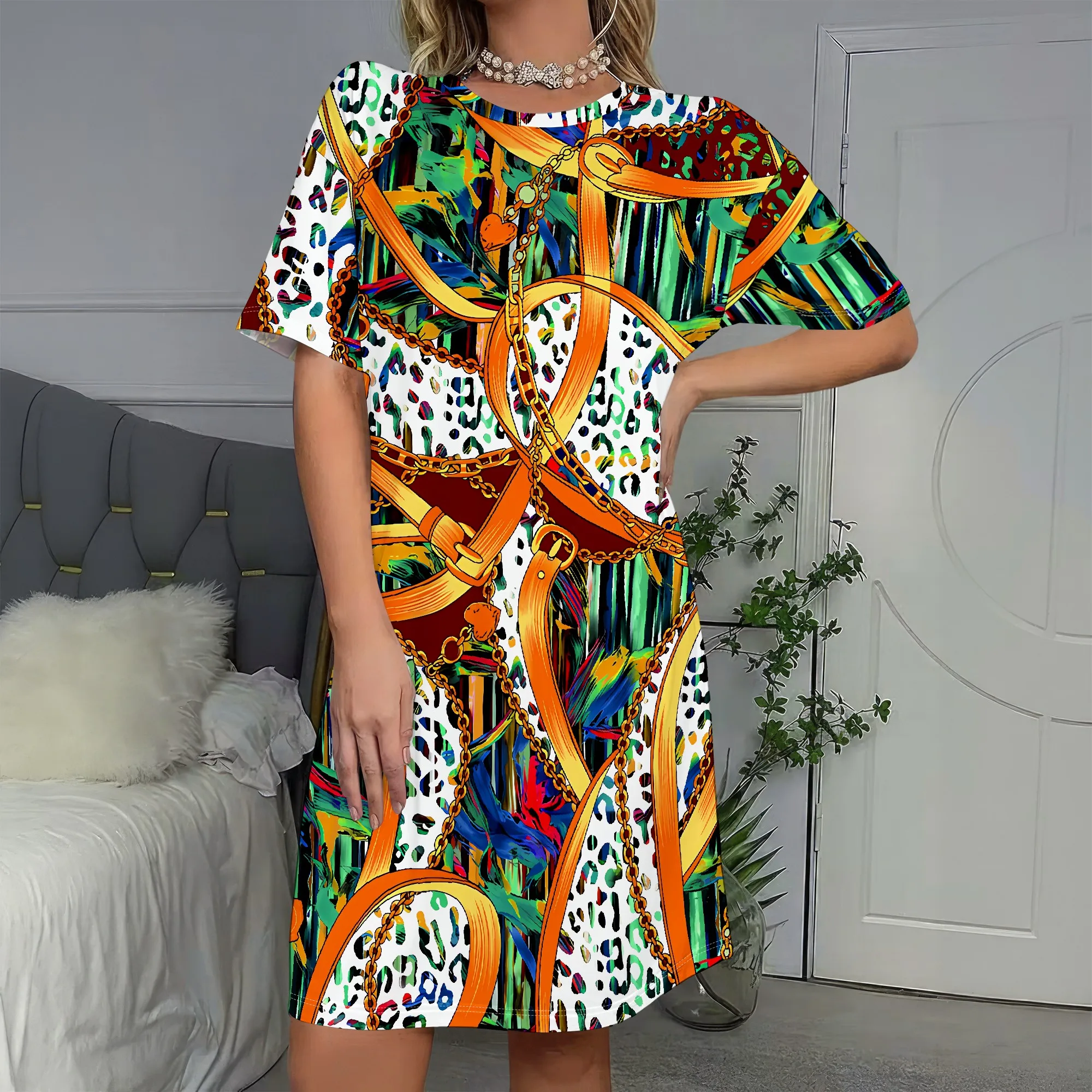 

Abstract Print Short Sleeve Dress, Colorful Ribbon Pattern Shift Dress, Leopard Accents Casual Summer Wear for Women S-2XL