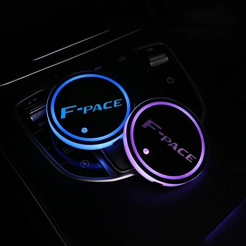 LED Car Multicolor Water Cup Lights Anti-Slip Coasters Holder Bottom Pad for Jaguar F-PACE XK XKR I Pace Epace Stype