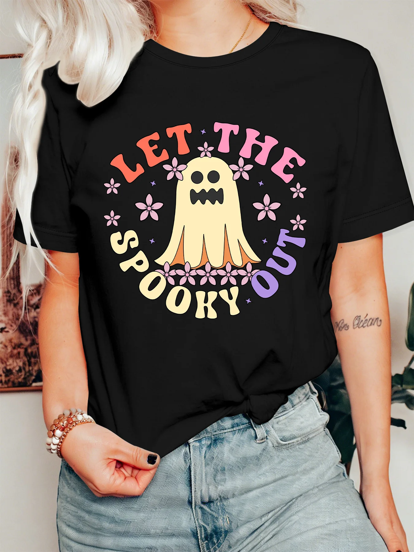 Cute Spooky Ghost Womens T Shirt Retro Pastel Floral Let The Spooky Out Slogan Graphic Short Sleeve O Neck Casual Holiday Tops