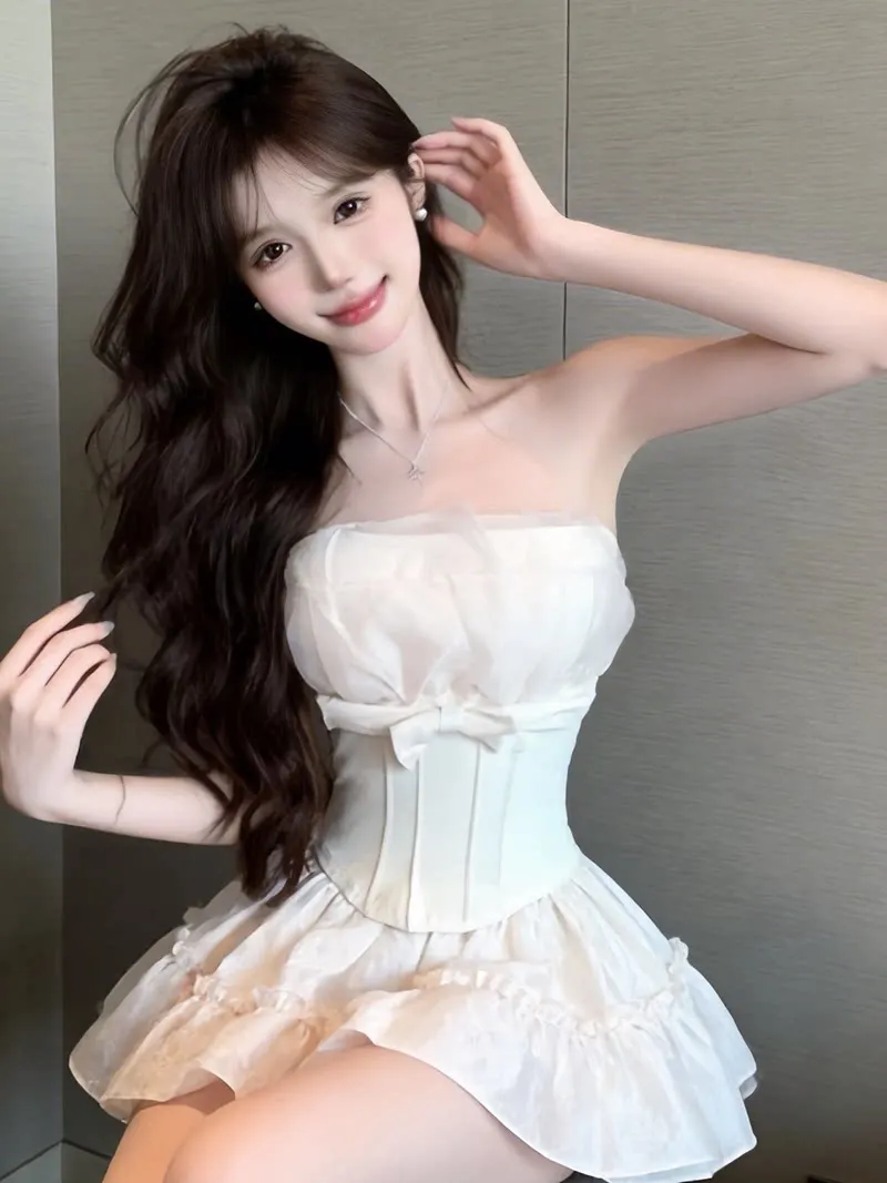 Pink  Knot Mesh Strap Vest Women's Summer Pure Desire One Shoulder Fishbone Tube Top Small Top Absolutely Beautiful