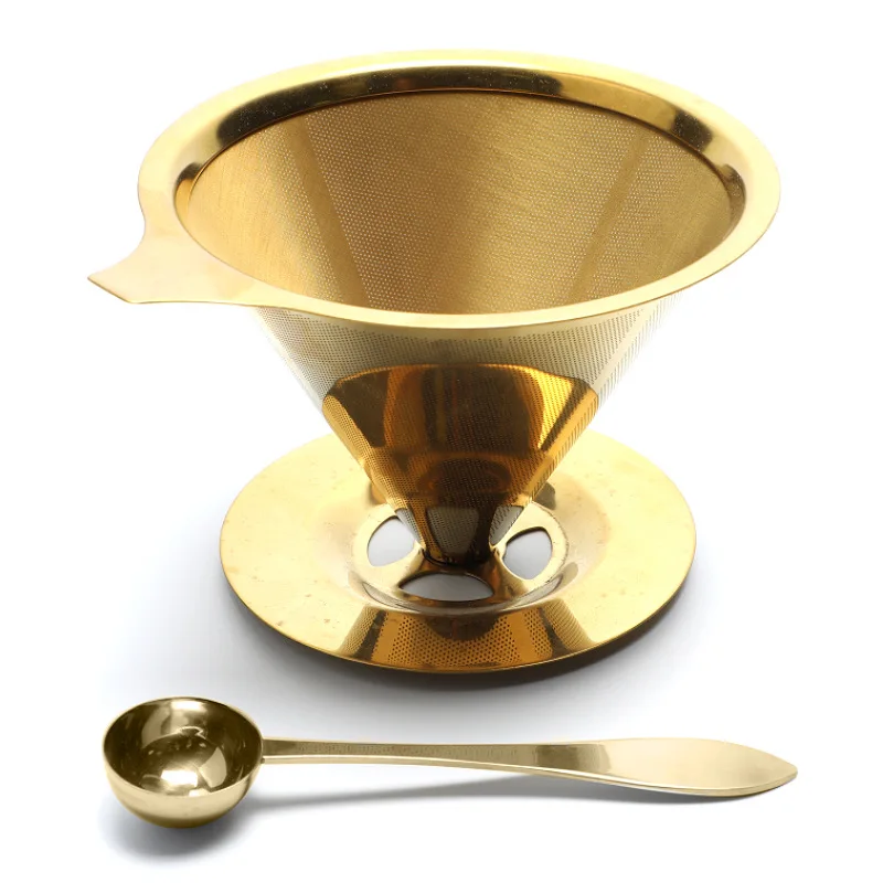 Large quantity of spot stainless steel double-layer coffee filter with spoon filter, American 304 conical funnel set