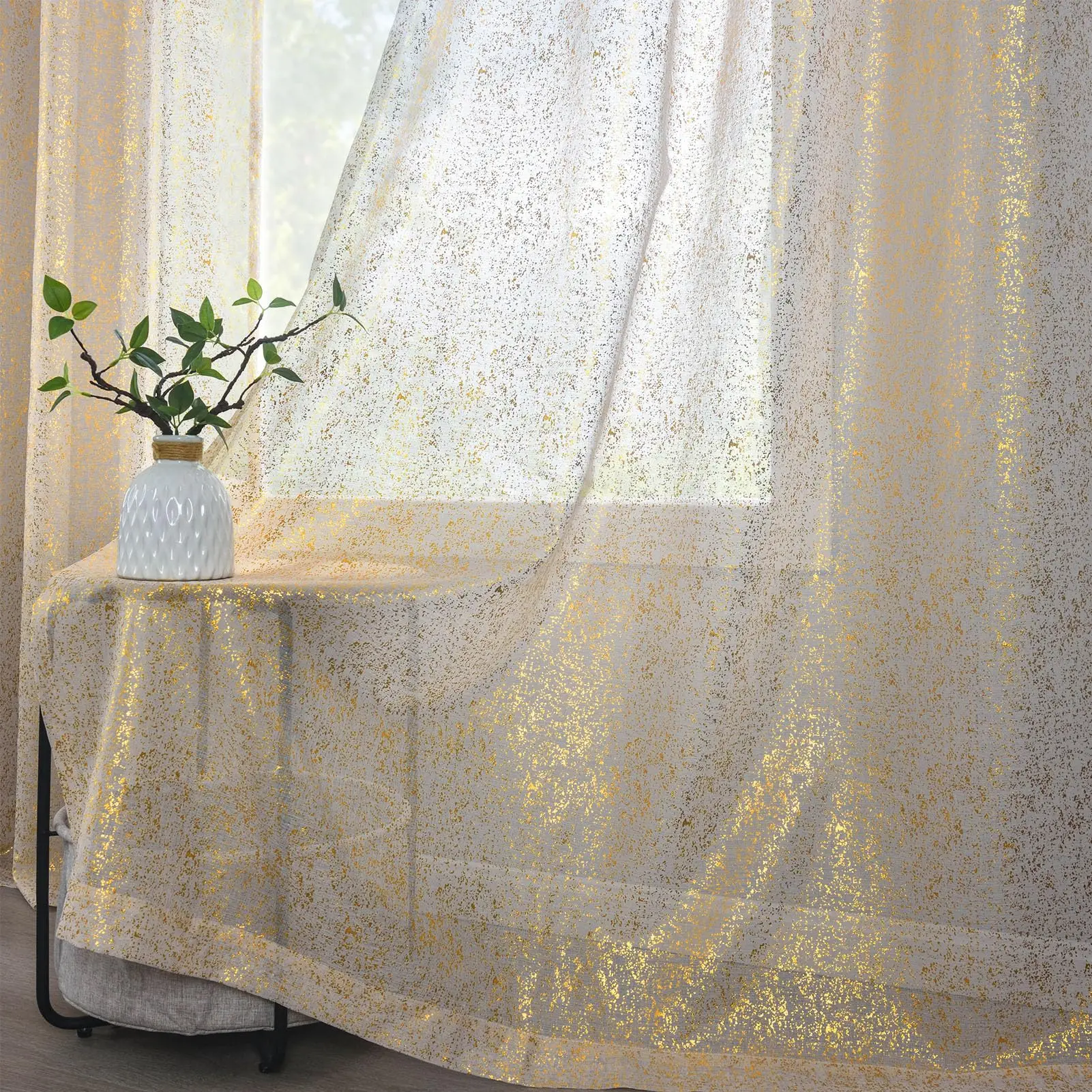 1PC Gilded Sparkle Living Room and Bedroom Artistic Decorative Sheer Curtain, Festive Celebration Shimmering Window Curtains