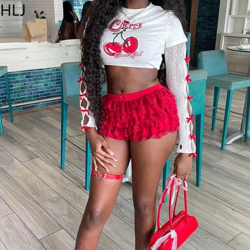 HLJ Sweet Cherry Printing Y2K 3 Piece Sets Women O Neck Short Sleeve Crop Top And Lace Ruched Shorts Outfits Fashion Streetwear