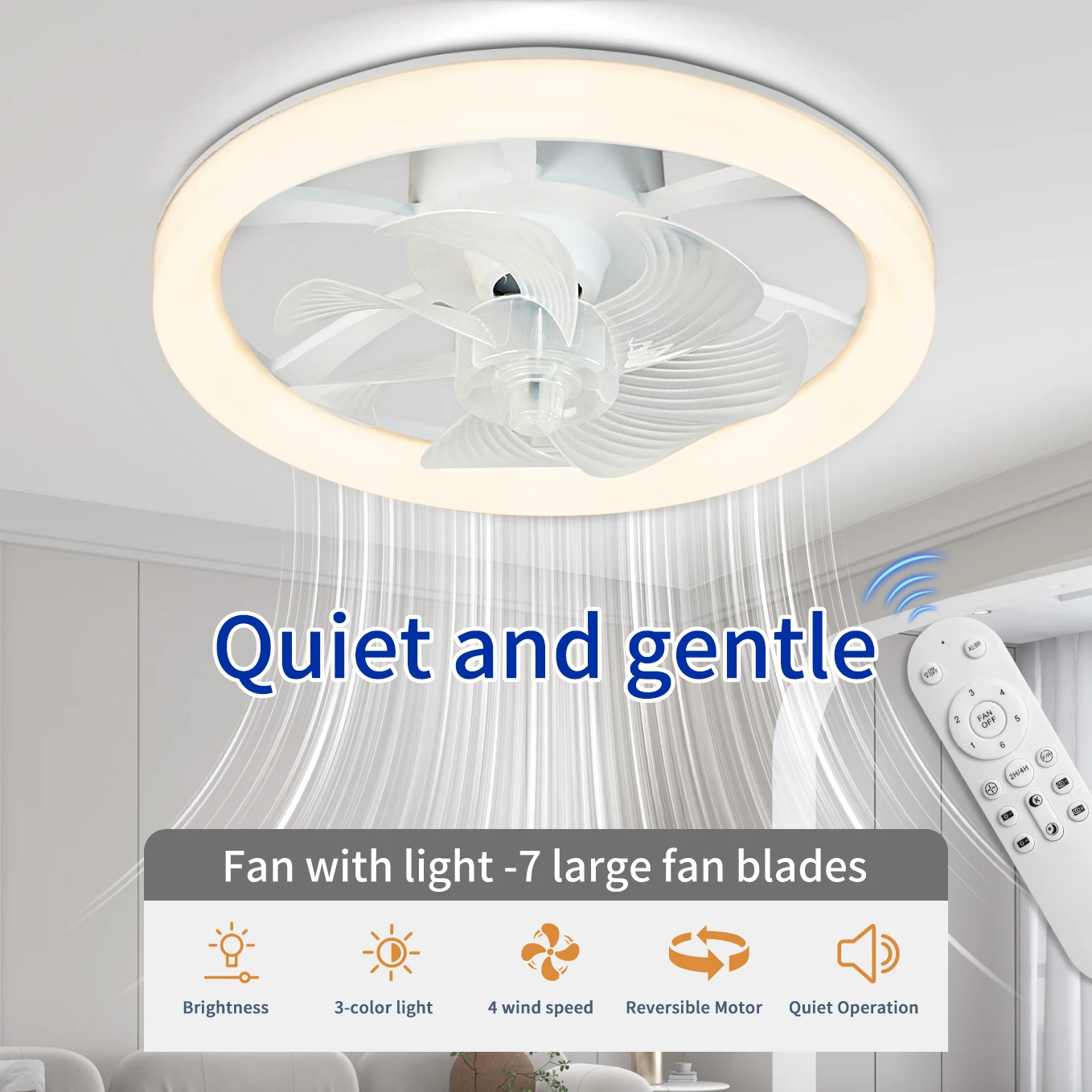 45cm Enclosed Circular Fan Light, Remote Control, Silent, Infinite Dimming, Ceiling Light for Living Room, Bedroom, Dining Room