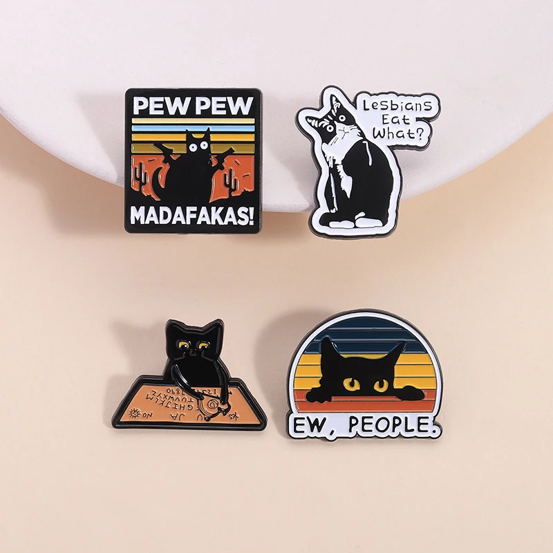 

Pew Pew Madafakas Enamel Pin Ew People Humor ridicule Cat Lesbians Eat What Brooches Lapel Badge Jewelry Gifts For Female Friend