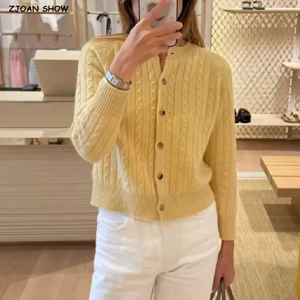

Новый весенний женский желтый вязаный кардиган с круглым воротником и центральными пуговицами, свитер с длинными рукавами, шикарный трикотаж