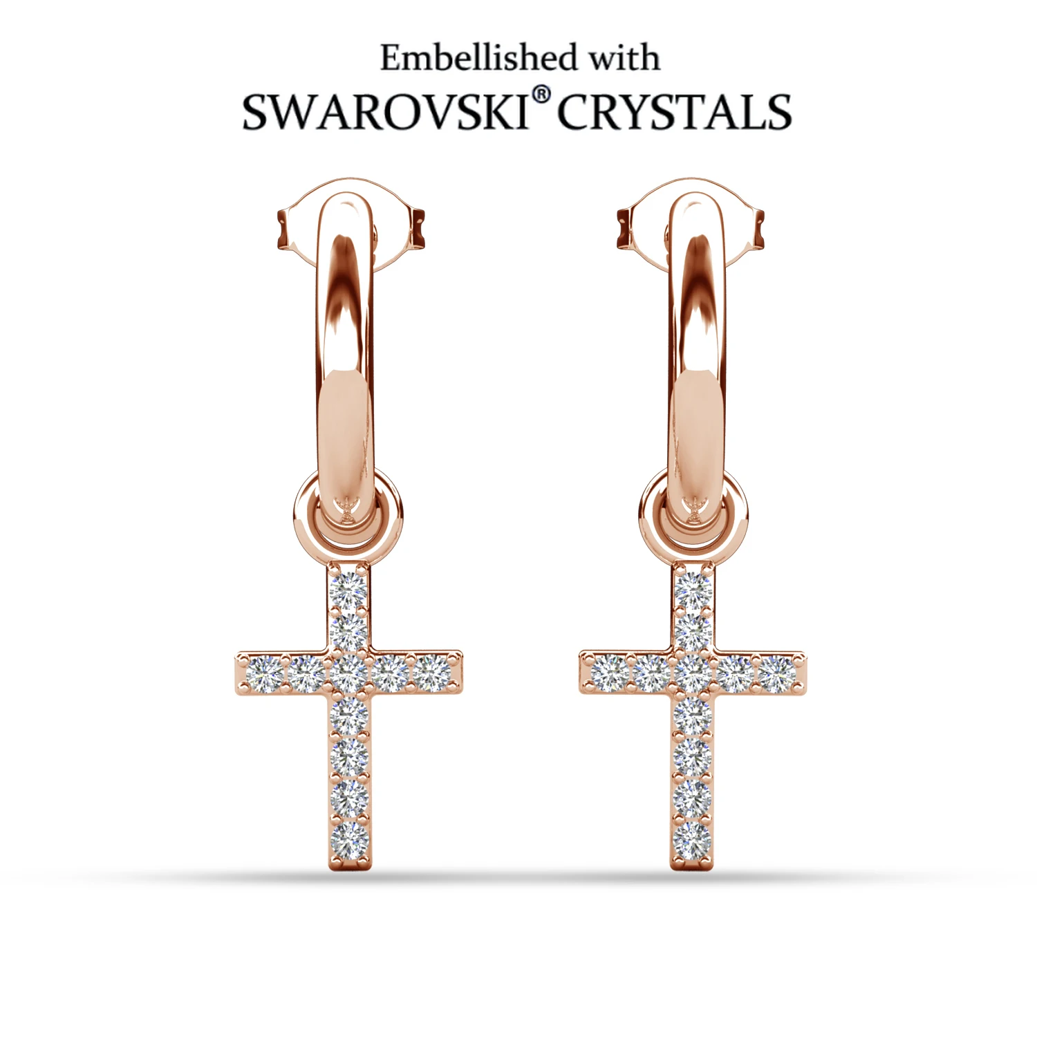 Paved Cross Drop Huggie Earrings Embellished with Swarovski Crystals Copper Rose Gold Plated Women Jewelry Religious Gift