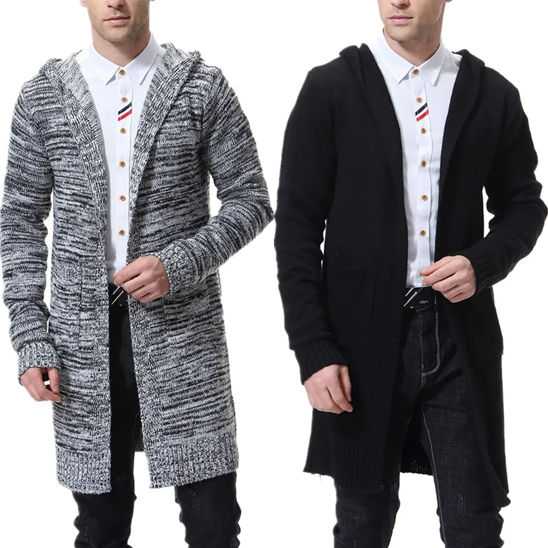 Cappotto maglione Cardigan spesso con cappuccio da uomo maglione X-lungo