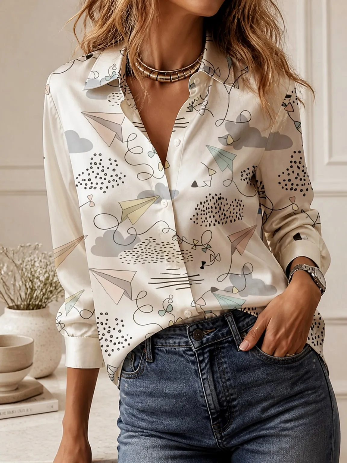 Versatile Daily Lapel Shirt, Ladies Long Sleeve Relaxed Fit Button Front Top for Office Street Dating - view 5