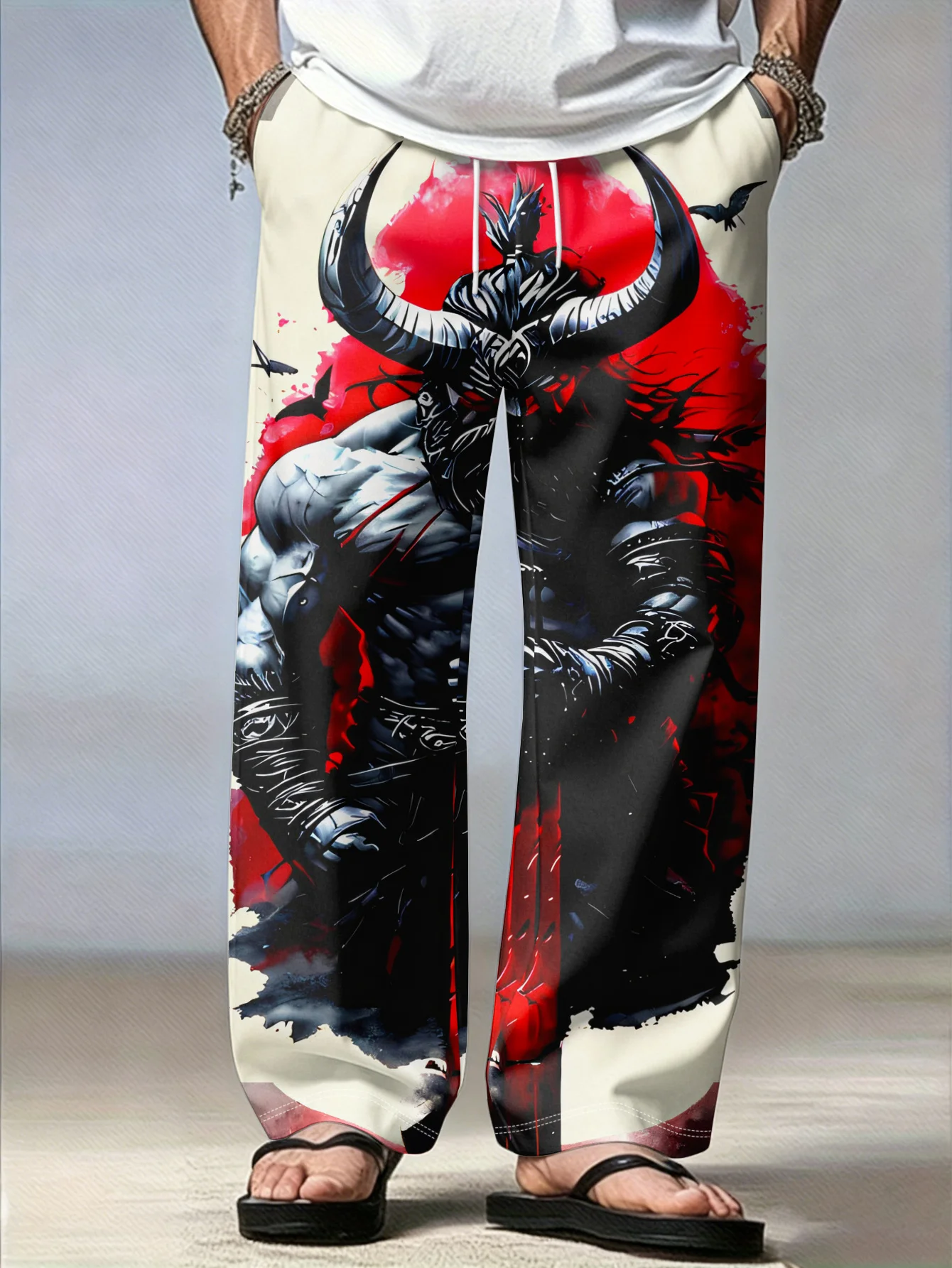 Men Blood Splatter Minotaur Berserker Print Smooth Wide Leg Pants, Edgy Fantasy Casual Vibe, From Trendy Markets Night Hangouts