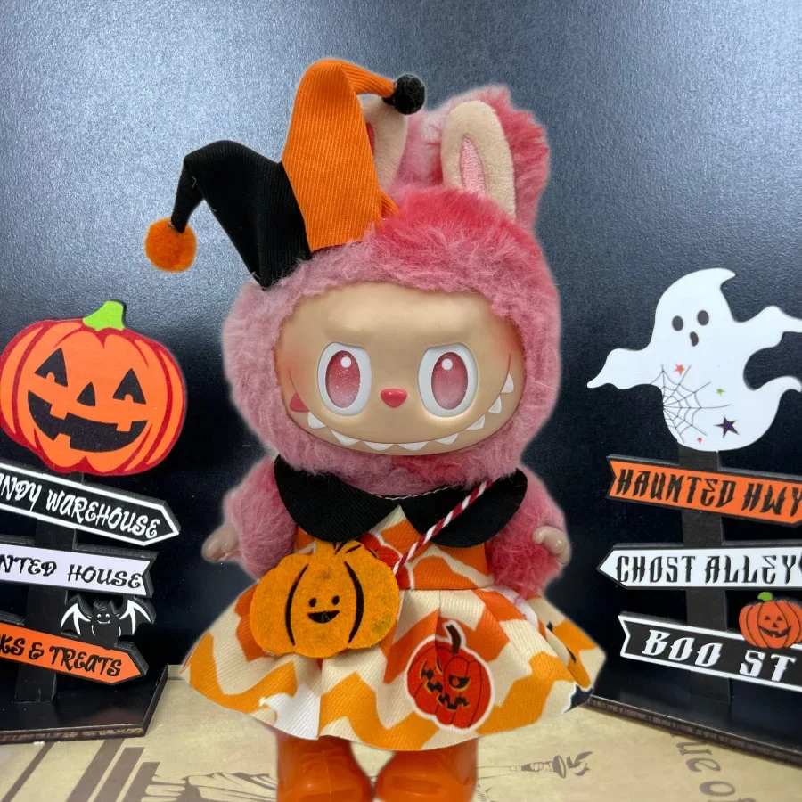 Halloween Teufel Umhang Lila Hexe Kleidung für Labubu I mit Halloween Kürbis Umhang Hut Anzug für Ladbubu Puppen Zubehör