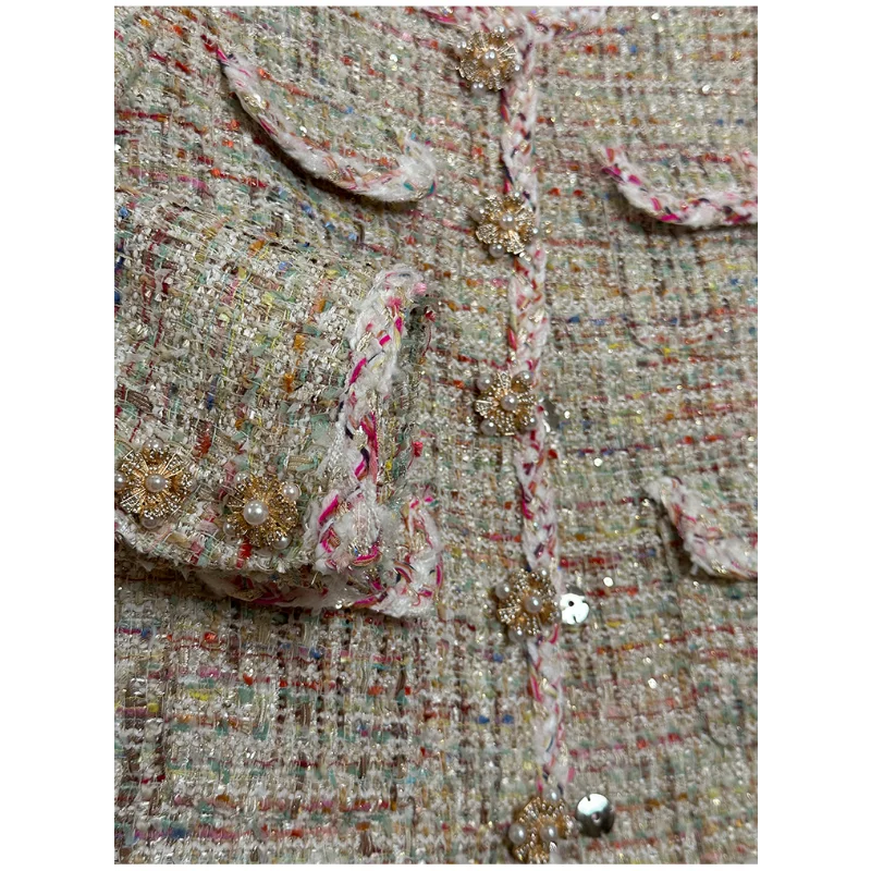 Manteau en tweed à manches longues et col rond pour femme, veste courte chic française pour femme, petit manteau parfumé, beige, sauvage, haute qualité