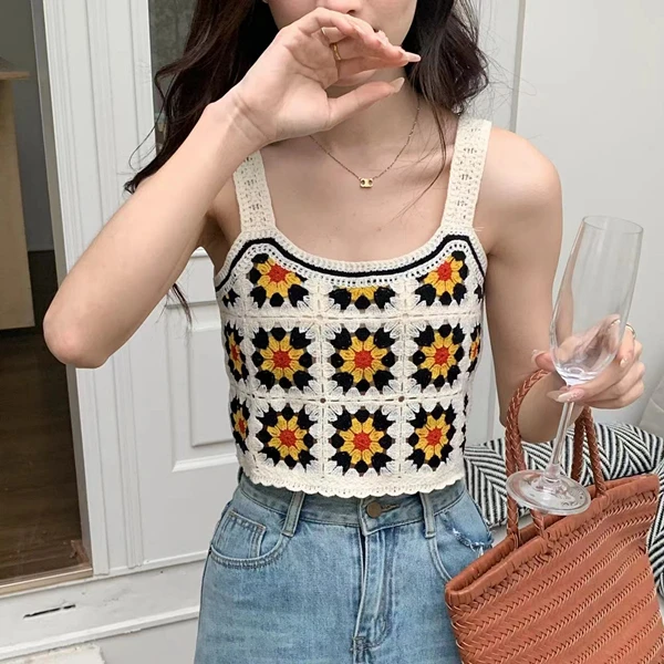 Embroidery Floral Granny Square Crochet Crop Top Women Teengirl Open Knit Sleeveless Tanks and Camis Summer Fairycore  Outfit