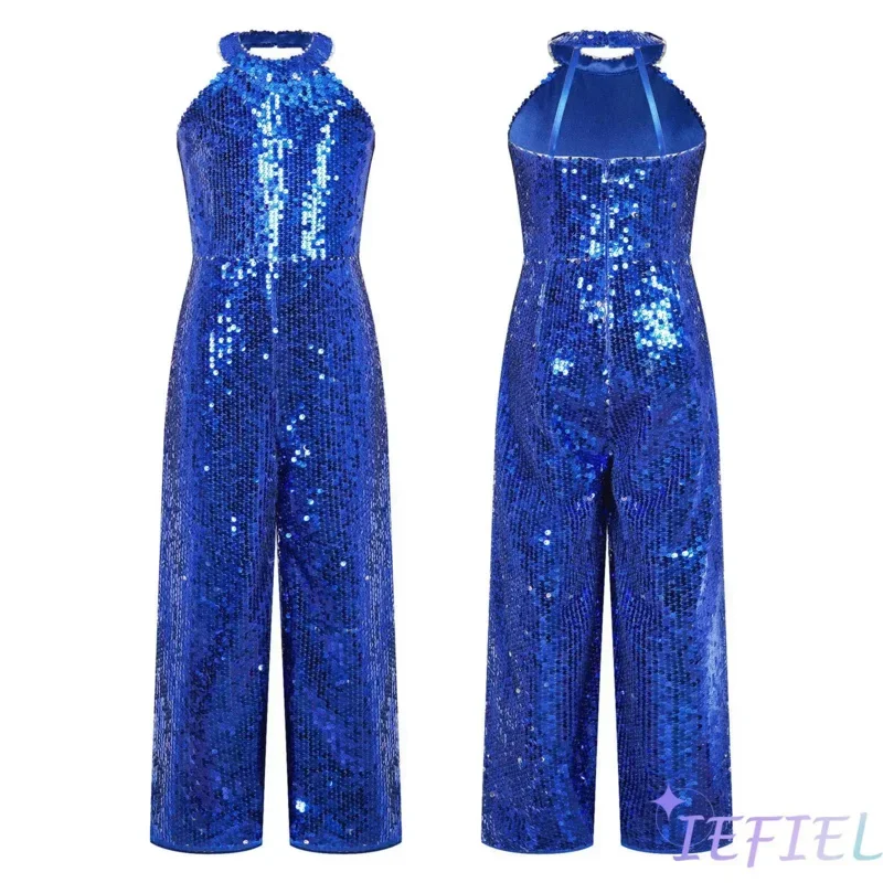 

Kids Girls Shiny Sequin Jumpsuit Romper Jazz Ballet Dance Performance Prom Party Playsuit Wide Leg Pants Fancy Dress-up Bodysuit