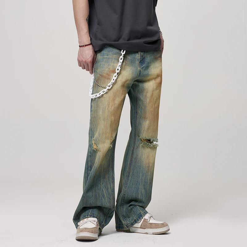 2024 New Y2K High Street Yellow Mud Dyed Distressed Ruan Shuai Ripped Jeans Men's Fashion Brand Retro Casual Loose Pants