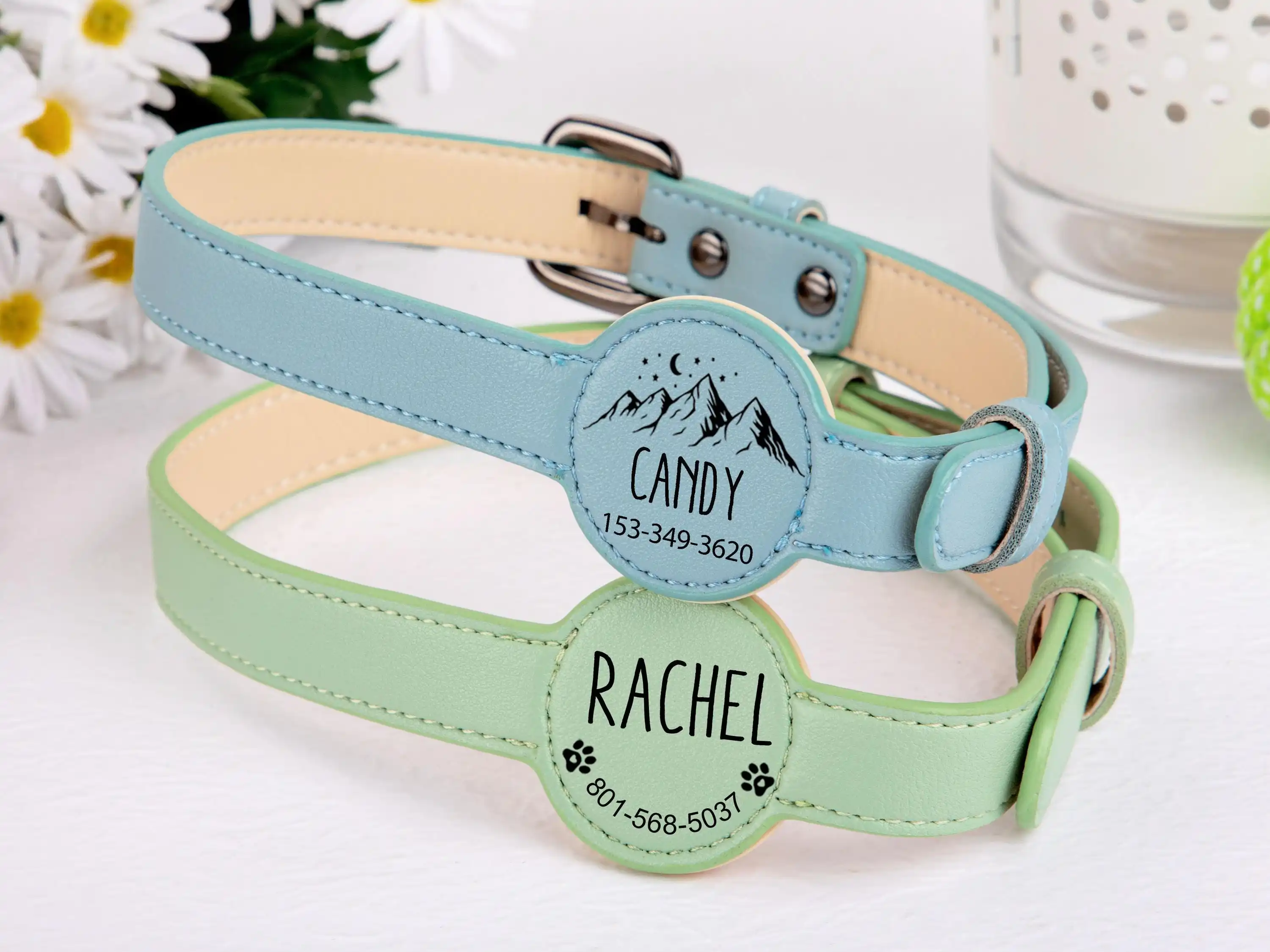 Custom engraved pet ID collar with name and contact info, PU leather AirTag dog collar, anti-loss location tracking cat collar view 4